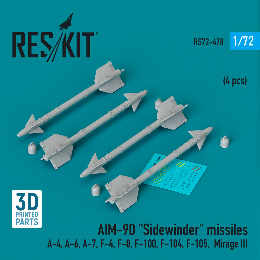 AIM-9D Sidewinder missiles (4 pcs) (A-4, A-6, A-7, F-4, F-8, F-100, F-104, F-105, Mirage III) (3D Printed)