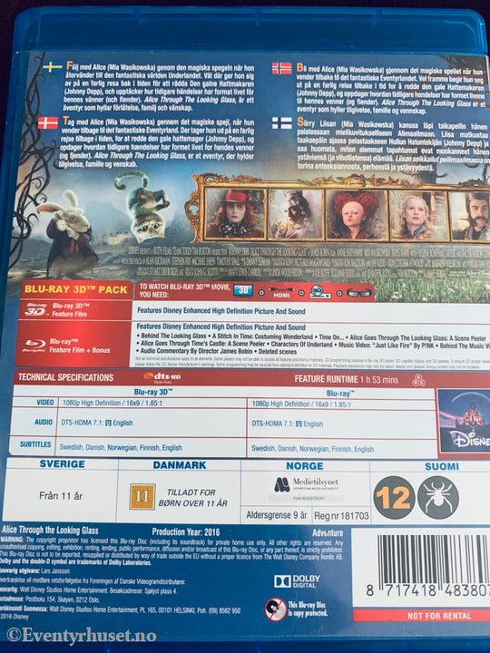 Disney Blu-Ray 3D. Alice Through The Looking Glass. Blu-Ray Disc