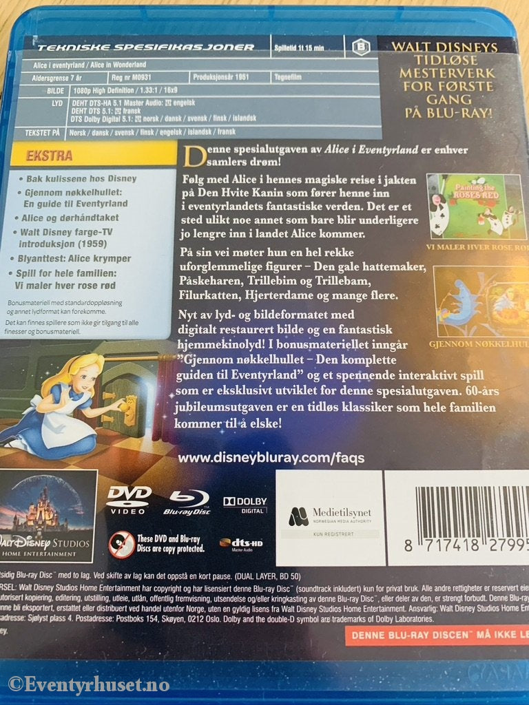 Disney Blu-Ray Gullnummer 03. Alice I Eventyrland. 60-Års Jubileumsutgave. Blu-Ray + Dvd. Disc
