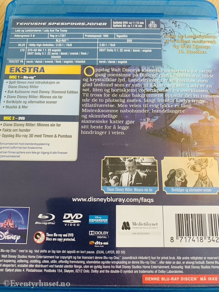 Disney Blu-Ray Gullnummer 15. Lady Og Landstrykeren. 1967. Diamond Edition. + Dvd. Blu-Ray Disc