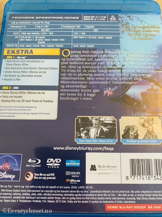 Disney Blu-Ray Gullnummer 15. Lady Og Landstrykeren. 1967. Diamond Edition. + Dvd. Blu-Ray Disc