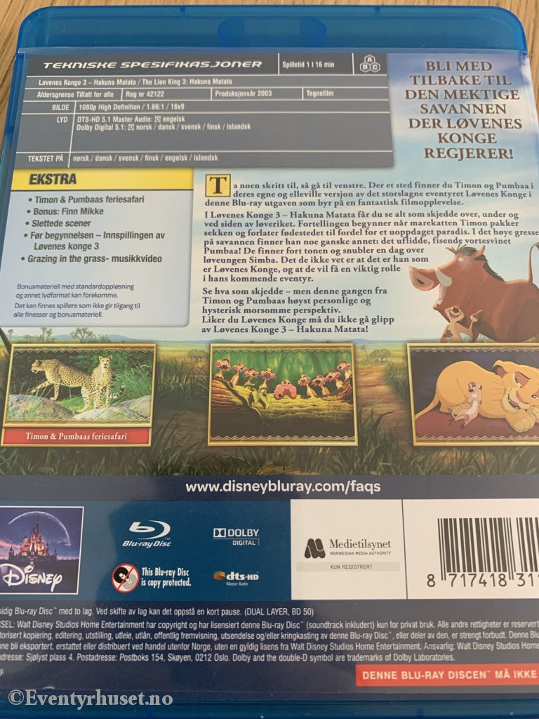 Disney Blu-Ray. Løvenes Konge 3. Blu-Ray Disc