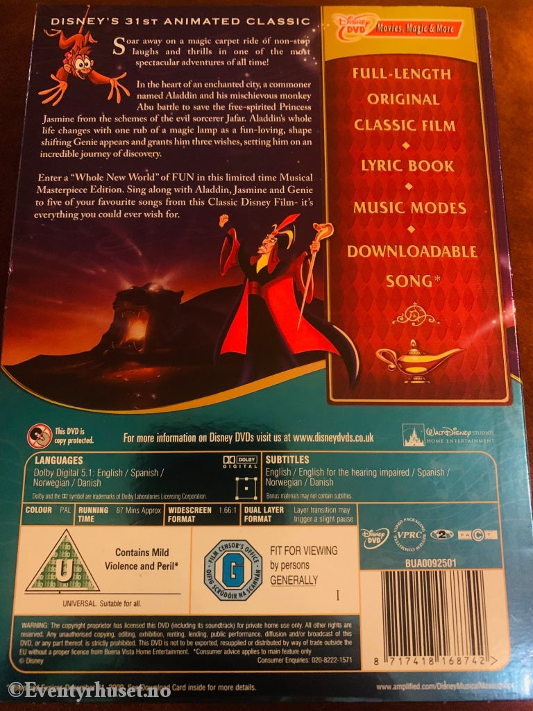 Disney Dvd. Aladdin Sing-Along Spesialutgave. Slipcase. Dvd