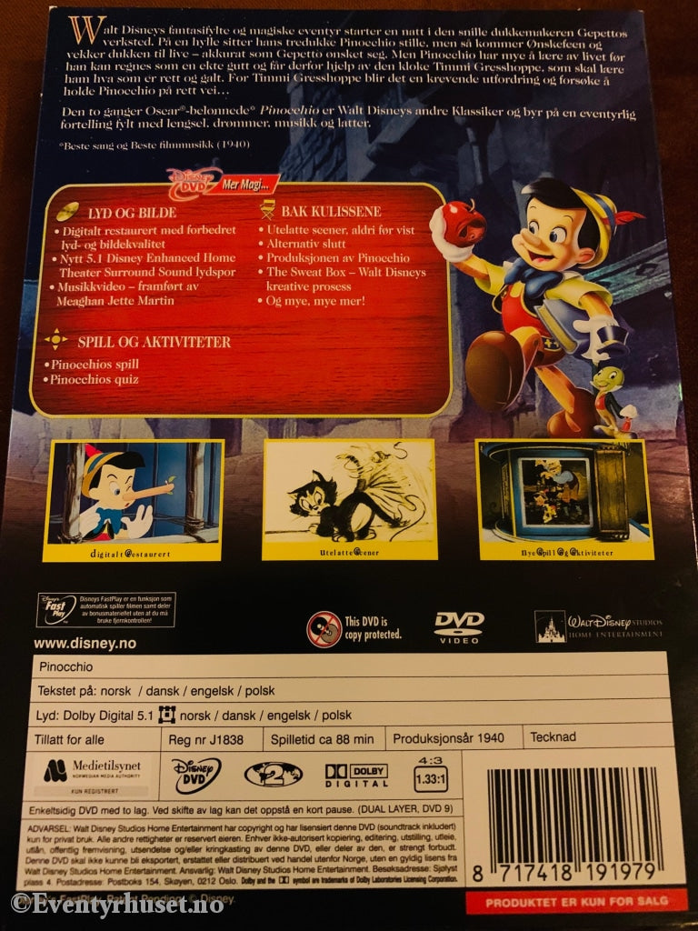 Disney Dvd Gullnummer 02. Pinocchio. 2-Disk Spesialutgave. Slipcase. Ny I Plast!