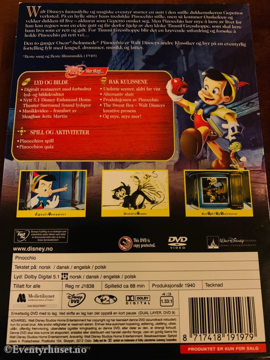 Disney Dvd Gullnummer 02. Pinocchio. 2-Disk Spesialutgave. Slipcase. Ny I Plast!