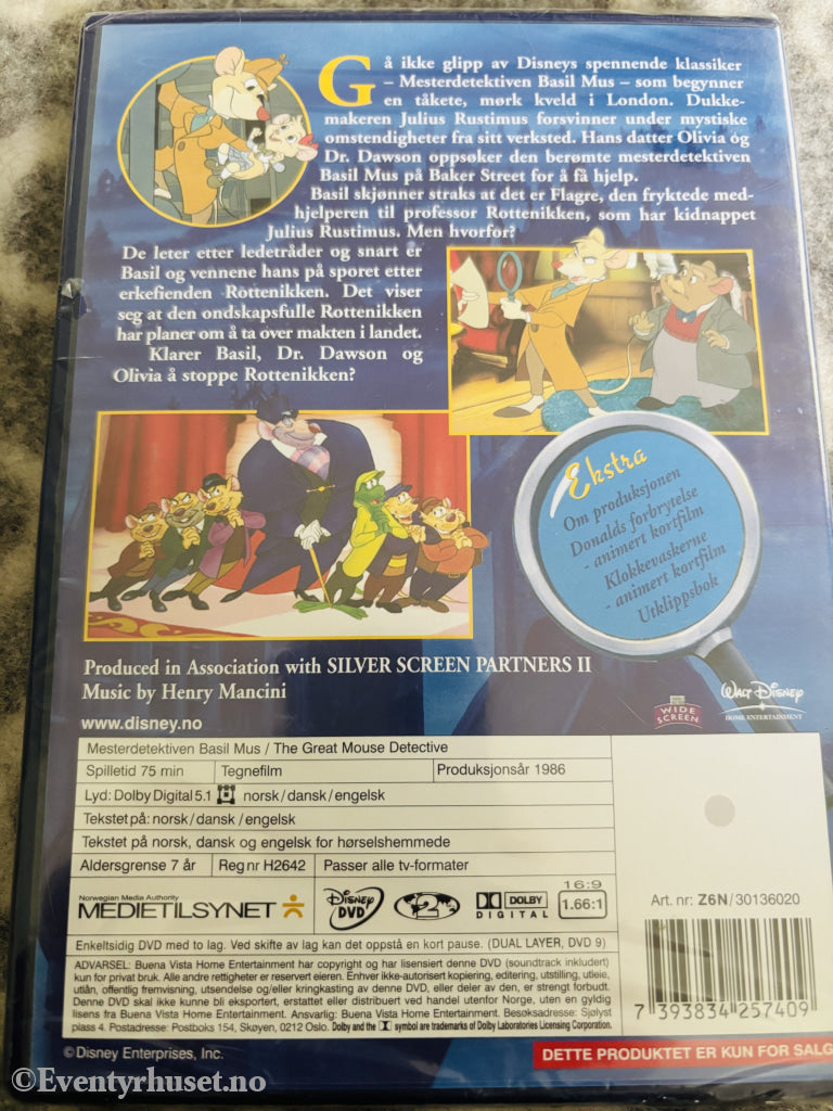Disney DVD. Gullnummer X. Mesterdetektiven Basil Mus. Ny i plast!