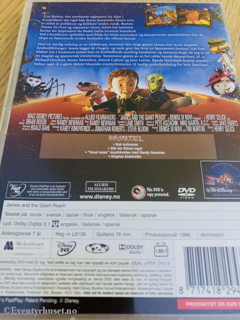 Disney Dvd. James And The Giant Peach. Basert På Roald Dahls Novelle. 1996. Dvd