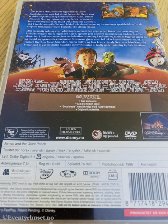 Disney Dvd. James And The Giant Peach. Basert På Roald Dahls Novelle. 1996. Dvd