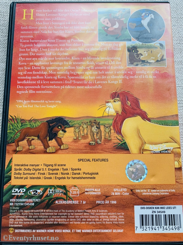 Disney Dvd. Løvenes Konge 2. 1998. Dvd
