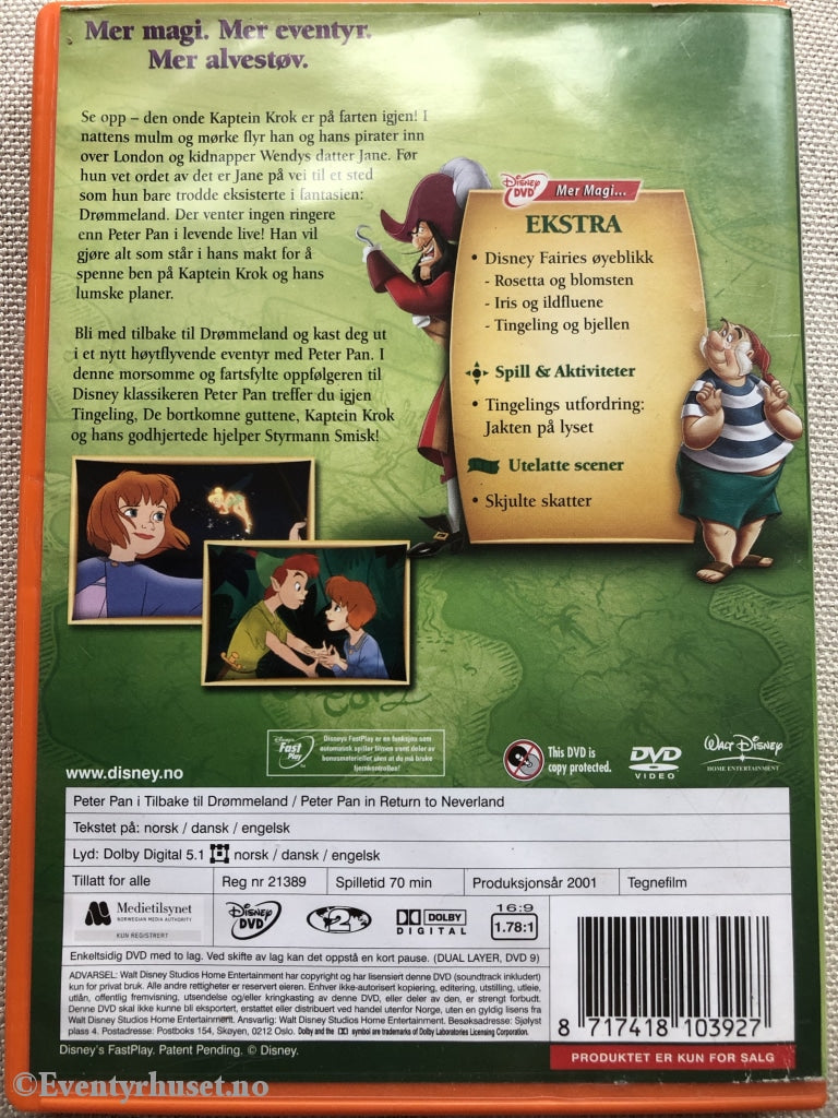 Disney Dvd. Peter Pan I Tilbake Til Drømmeland. 2001. Spesialutgave. Dvd