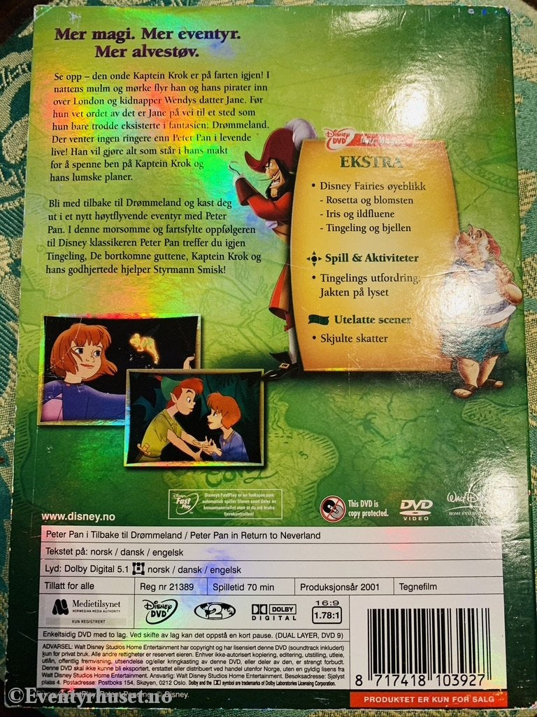 Disney Dvd. Peter Pan I Tilbake Til Drømmeland. 2001. Spesialutgave. Slipcase. Dvd