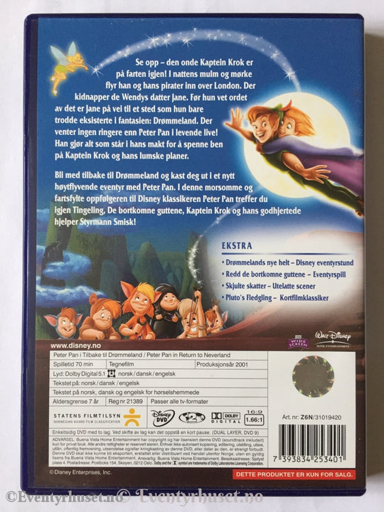 Disney Dvd. Peter Pan I Tilbake Til Drømmeland. Dvd