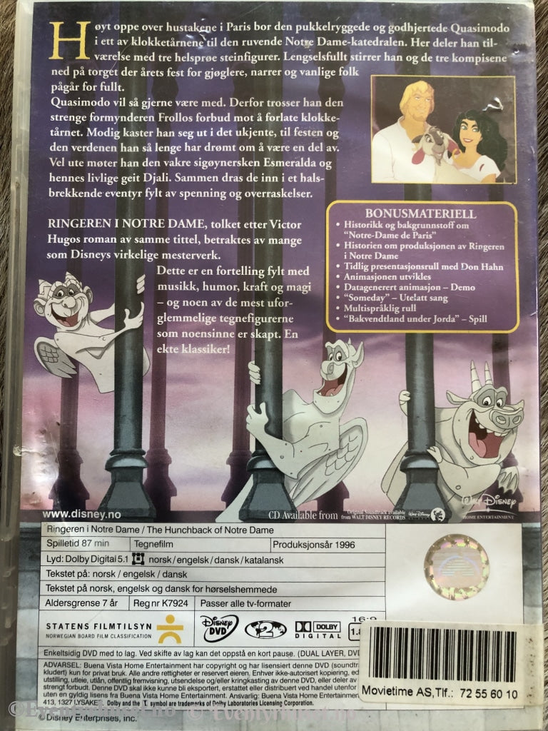 Disney Dvd. Ringeren I Notre Dame. 1996. Utleieeksemplar. Dvd