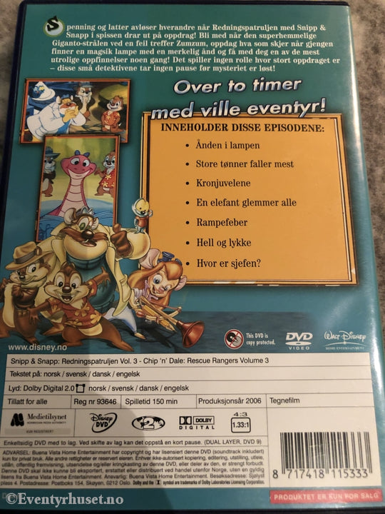 Disney Dvd. Snipp & Snapp Redningspatruljen Vol. 3. 2006. Dvd