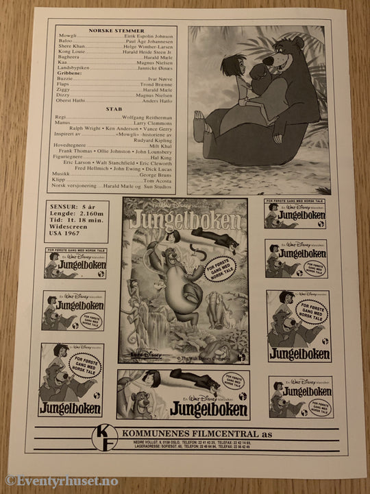 Disney Vaskeseddel/brosjyre. Jungelboken. 1967. Vaskeseddel/brosjyre