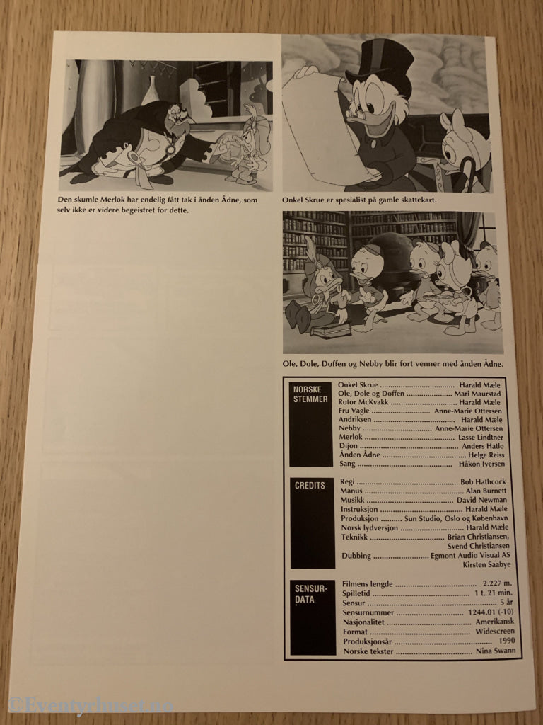 Disney Vaskeseddel/brosjyre. Ole Dole Doffen På Eventyr - Jakten Den Forsvunne Lampen. 1990.