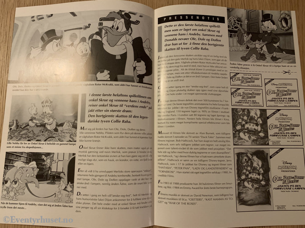 Disney Vaskeseddel/brosjyre. Ole Dole Doffen På Eventyr - Jakten Den Forsvunne Lampen. 1990.