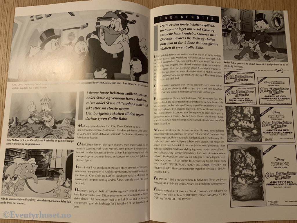 Disney Vaskeseddel/brosjyre. Ole Dole Doffen På Eventyr - Jakten Den Forsvunne Lampen. 1990.