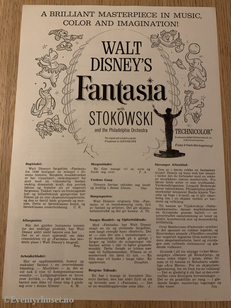 Disney Vaskeseddel/brosjyre. Triangel Film Sensurnr. 50144. Fantasia. Vaskeseddel/brosjyre