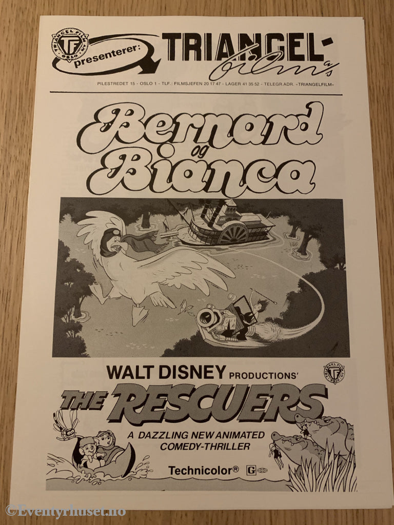 Disney Vaskeseddel/brosjyre. Triangel Film Sensurnr. 64254. Bernard Og Bianca. Vaskeseddel/brosjyre