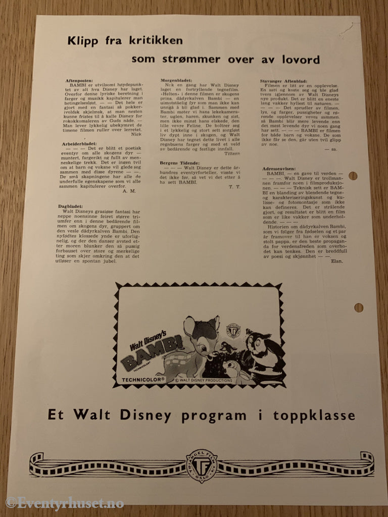 Disney Vaskeseddel/brosjyre. Triangel Film Sensurnr. 65173-74. Bambi. Vaskeseddel/brosjyre