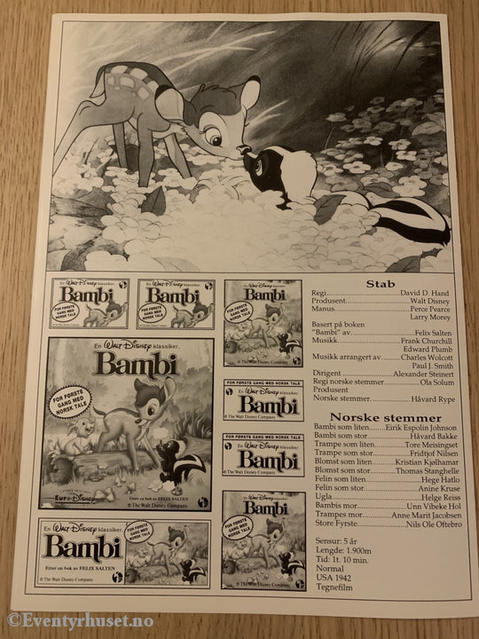 Disney Vaskeseddel/brosjyre. Bambi. 1942. Vaskeseddel/brosjyre