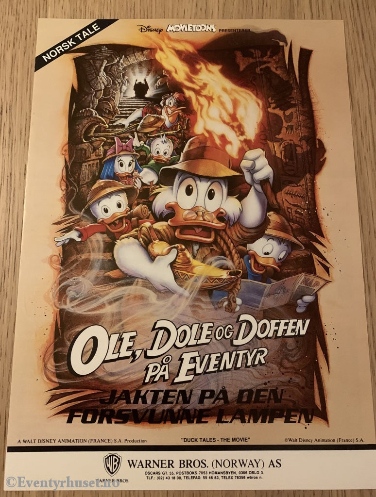 Disney Vaskeseddel/brosjyre. Ole Dole Doffen På Eventyr - Jakten Den Forsvunne Lampen. 1990.