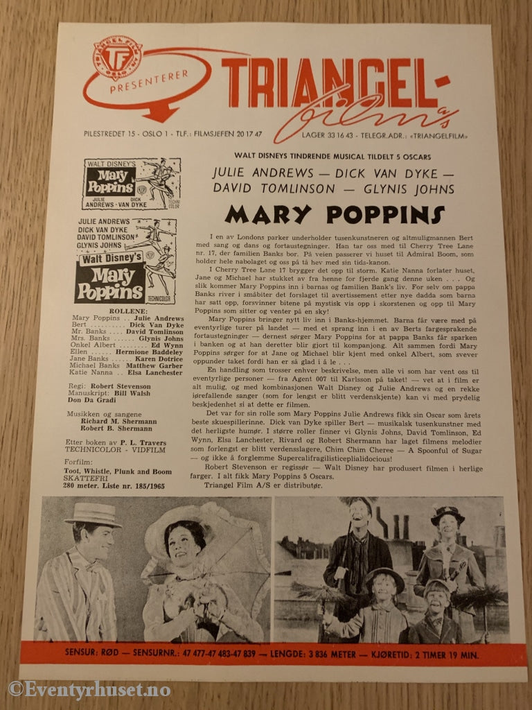 Disney Vaskeseddel/brosjyre. Triangel Film Sensurnr. 47477-47483-47839. Mary Poppins.