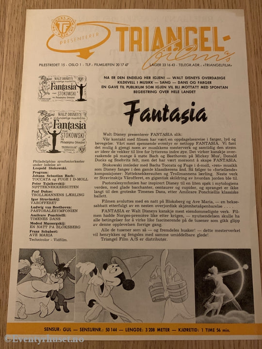 Disney Vaskeseddel/brosjyre. Triangel Film Sensurnr. 50144. Fantasia. Vaskeseddel/brosjyre