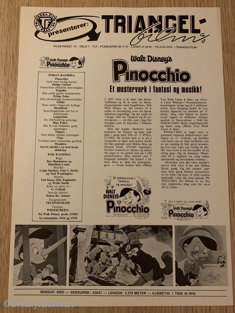 Disney Vaskeseddel/brosjyre. Triangel Film Sensurnr. 63867. Pinocchio. Vaskeseddel/brosjyre