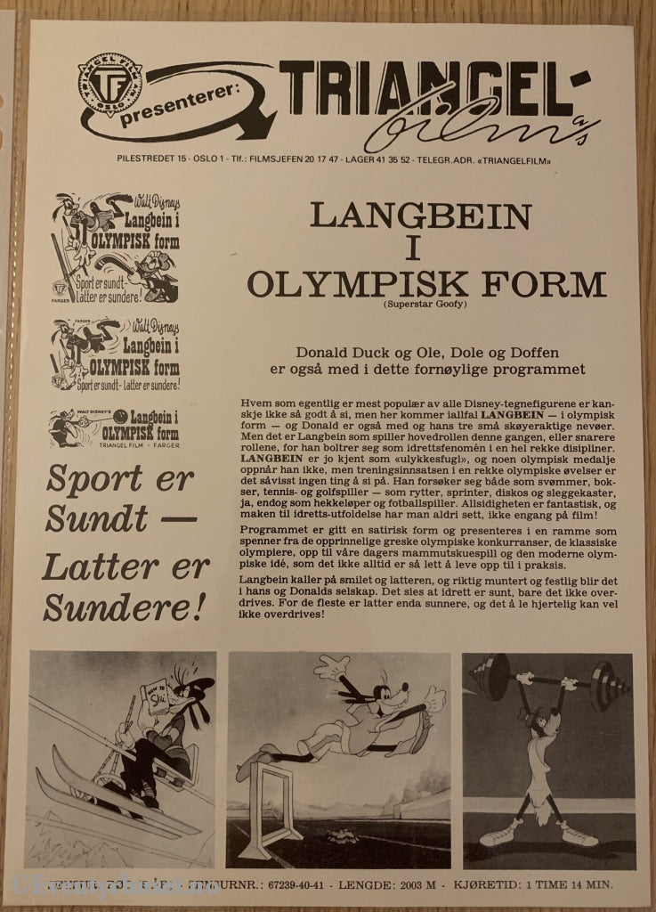 Disney Vaskeseddel/brosjyre. Triangel Film Sensurnr. 67239-40-41. Langbein I Olympisk Form