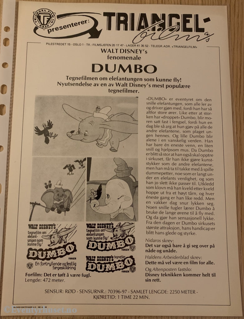 Disney Vaskeseddel/brosjyre. Triangel Film Sensurnr. 70396-97. Dumbo. Vaskeseddel/brosjyre