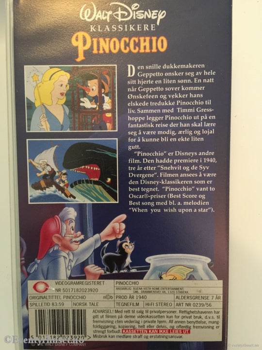 Disney Vhs. 0239/56. Pinocchio. Vhs