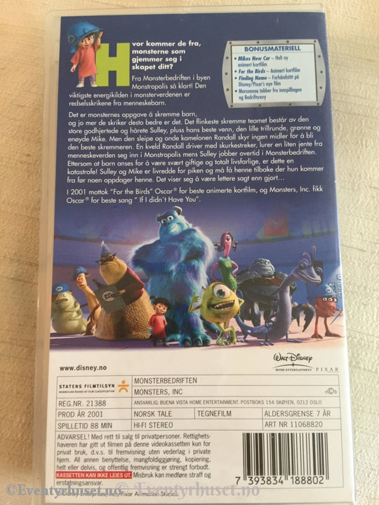 Disney Vhs. 11068820. Disney/pixar. Monsterbedriften. 2001. Vhs