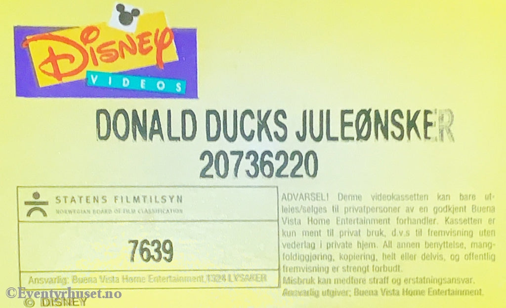 Disney Vhs. 20736220. Donald Ducks Juleønsker. Vhs
