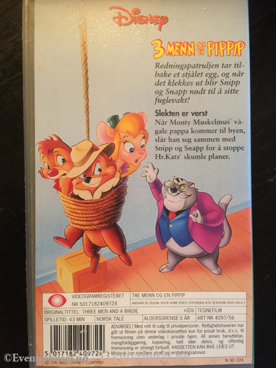 Disney Vhs. 4097/56. Snipp Og Snapp - Redningspatruljen. 3 Menn Pippip. Vhs