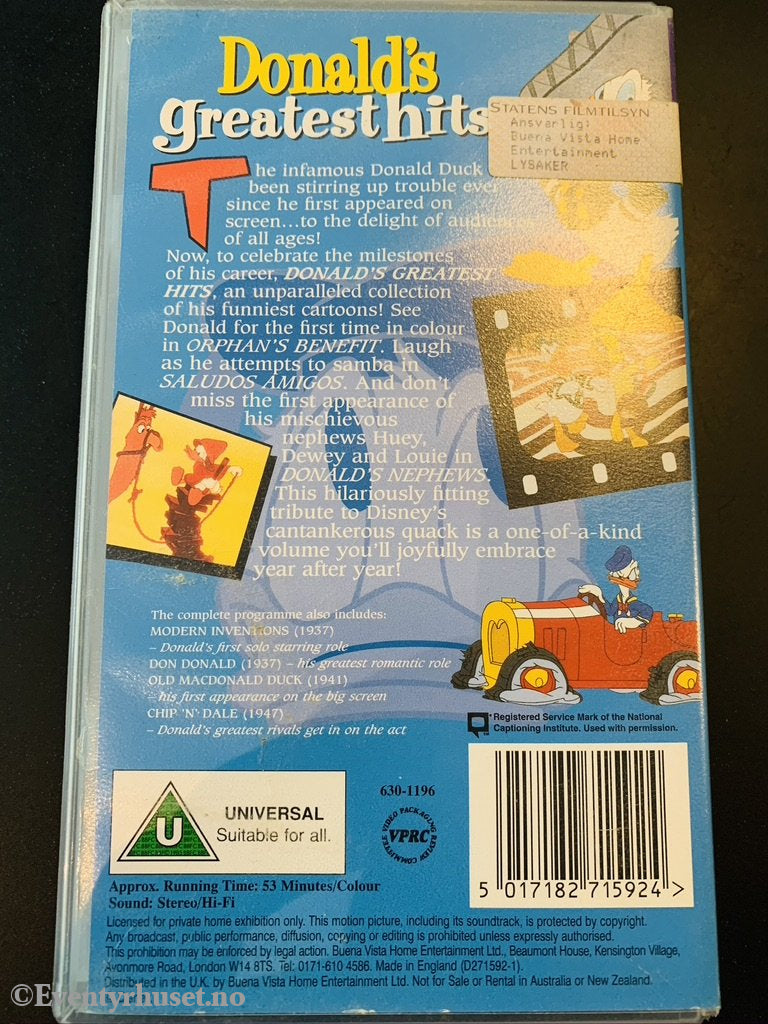 Disney Vhs. Donald´s Greatest Hits. Solgt I Norge! Vhs