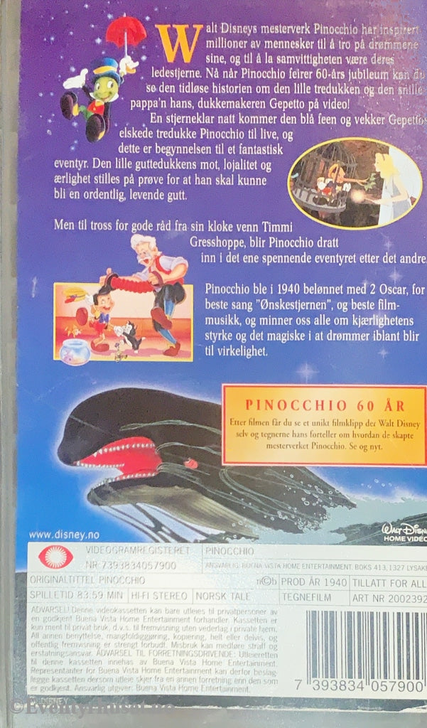 Disney Vhs Leiefilm. 2002392. Pinocchio. 60 Års Jubileumsversjon.