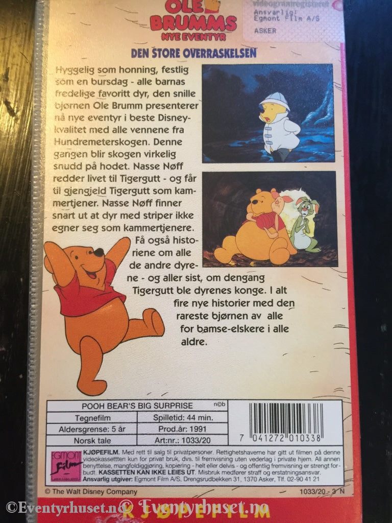 Disney Vhs. Ole Brumms Nye Eventyr - Den Store Overraskelsen. 1991. Vhs