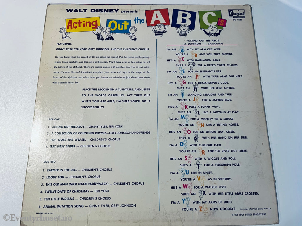 Disney’s Acting Out The Abc. 1964. Lp. Lp Plate