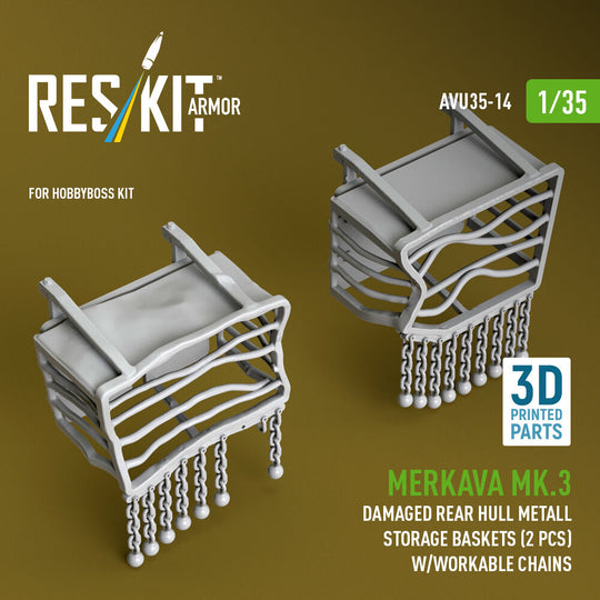 Merkava Mk.3 damaged rear hull metall storage baskets (2 pcs) w/workable chains for HobbyBoss kit (3D Printed)