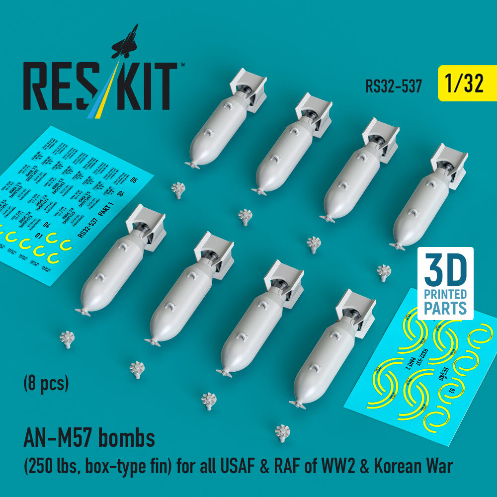 AN-M57 bombs (250 lbs, box-type fin) for all USAF & RAF of WW2 & Korean War (8 pcs) (3D Printed)