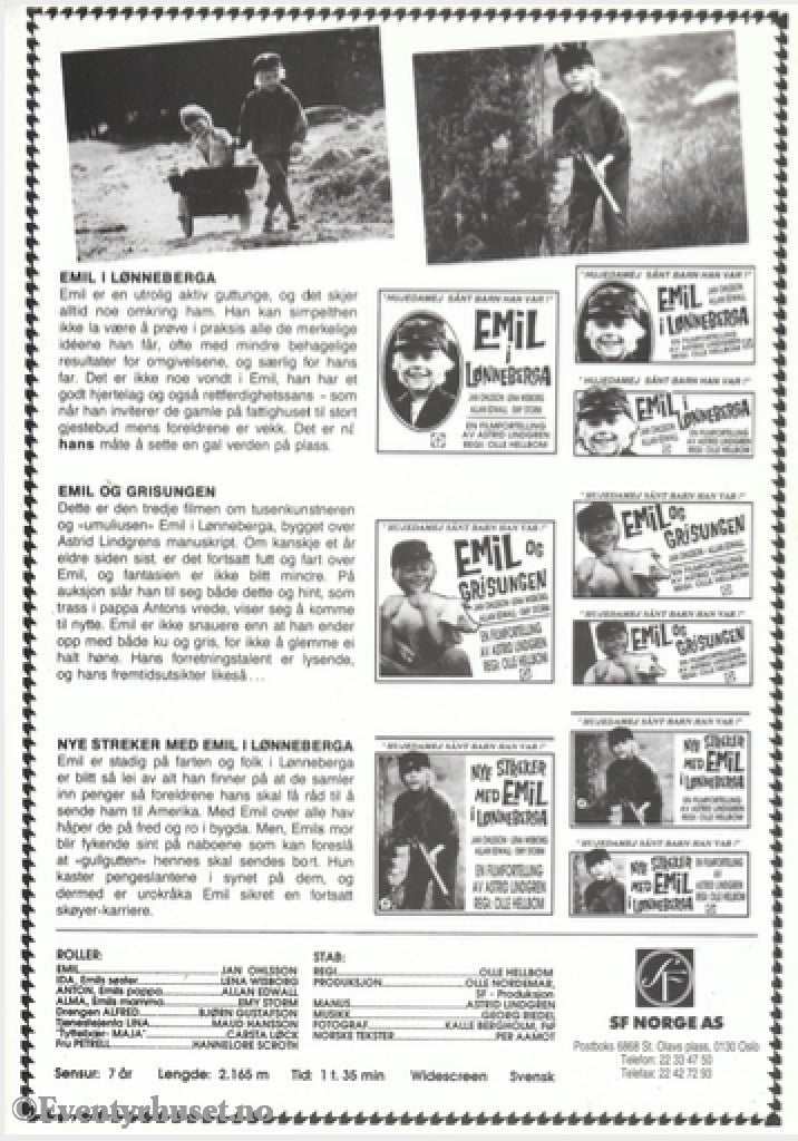 Download: Astrid Lindgren´s Emil - 3 Filmer. Unik Brosjyre På 1 Side Med Norsk Tekst (Vaskeseddel).