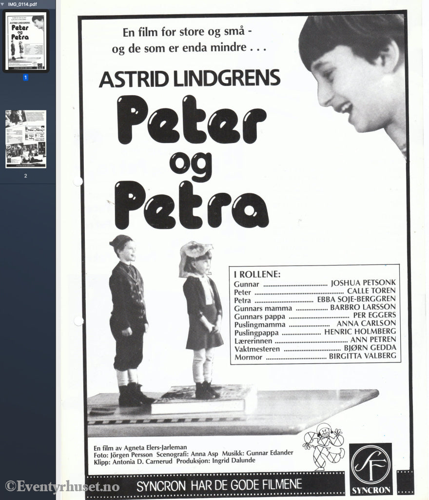 Download: Astrid Lindgren´s Peter Og Petra. Unik Brosjyre På 2 Sider Med Norsk Tekst (Vaskeseddel).