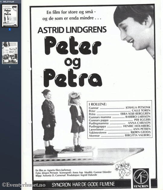 Download: Astrid Lindgren´s Peter Og Petra. Unik Brosjyre På 2 Sider Med Norsk Tekst (Vaskeseddel).
