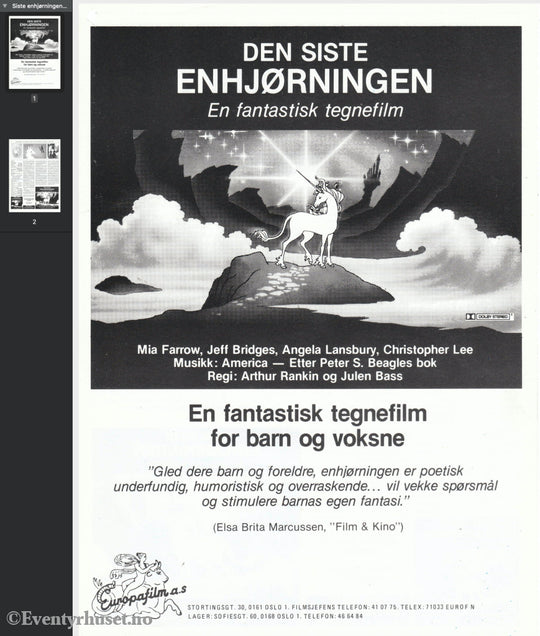 Download: Den Siste Enhjørningen. Unik Brosjyre På 2 Sider Med Norsk Tekst (Vaskeseddel). Digital