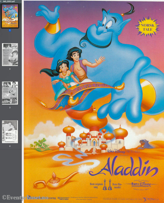 Download: Disney´s Aladdin. Unik Brosjyre På 4 Sider Med Norsk Tekst (Vaskeseddel). Digital Fil I