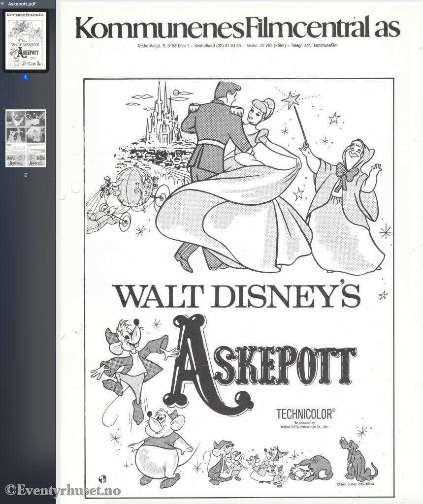 Download: Disney´s Askepott. Unik Brosjyre På 2 Sider Med Norsk Tekst (Vaskeseddel). Digital Fil I