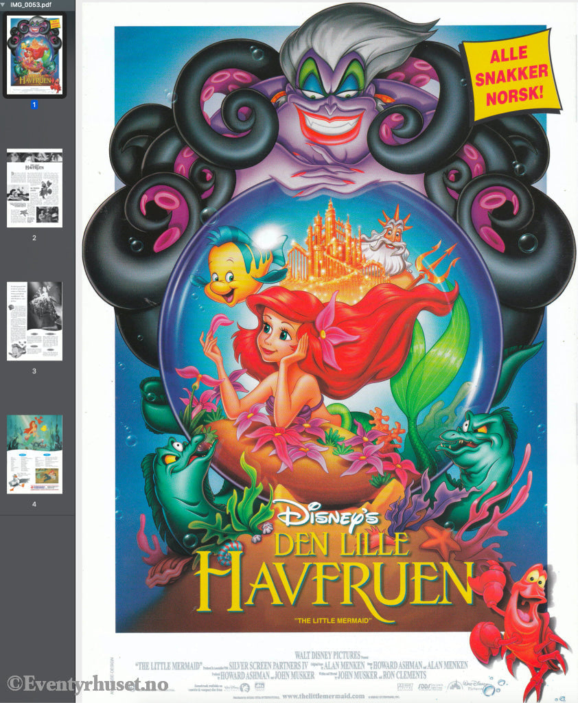 Download: Disney´s Den Lille Havfruen. Unik Brosjyre På 4 Sider Med Norsk Tekst (Vaskeseddel).