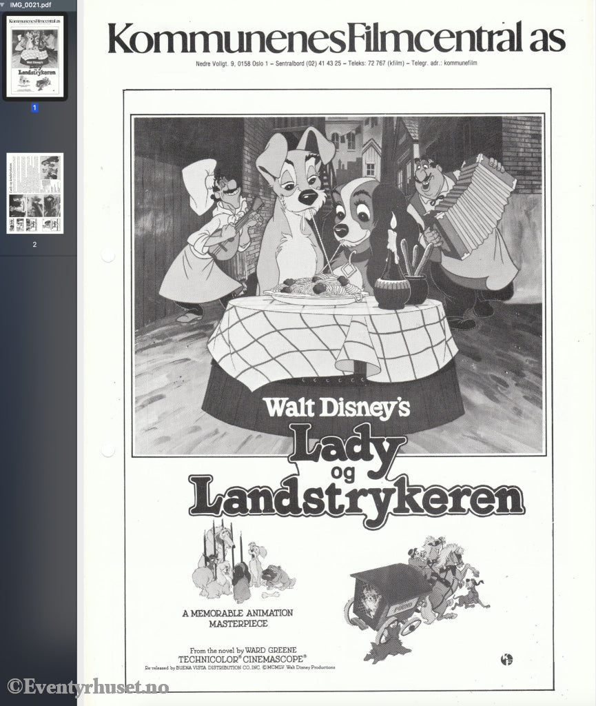 Download: Disney´s Lady Og Landstrykeren. Unik Brosjyre På 2 Sider Med Norsk Tekst (Vaskeseddel).